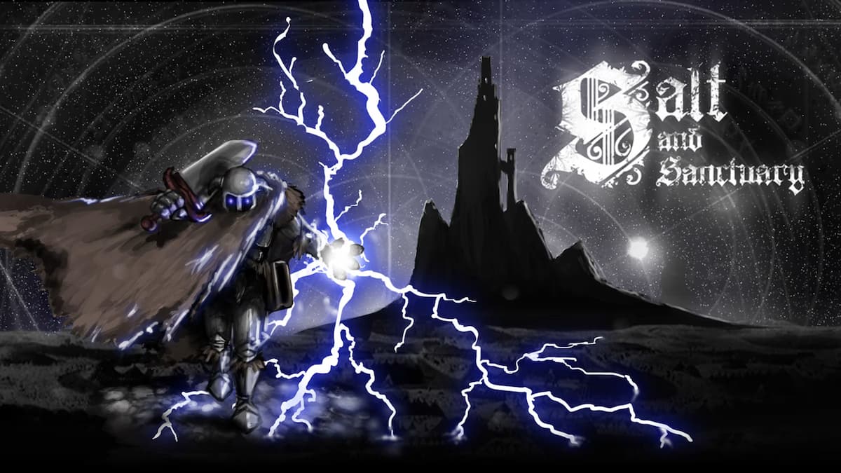 character with lightning next to Salt and Sanctuary logo