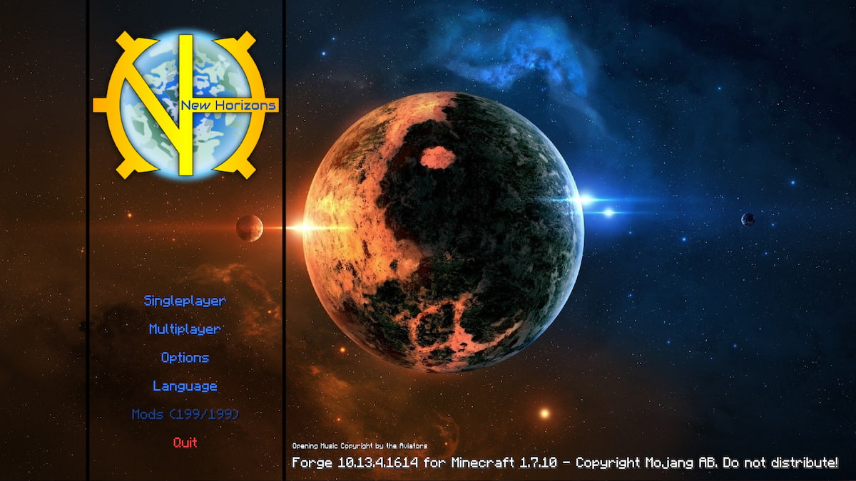 The start screen for the GT New Horizons modpack, showing a planet.