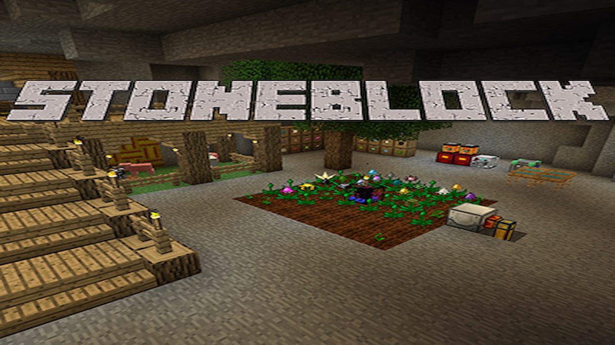 The StoneBlock modpack cover image, showing a farm and other areas inside a stone room.