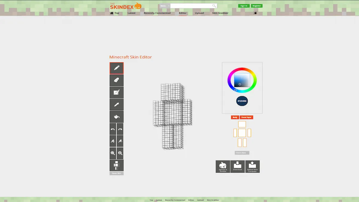 The editing screen for Skindex, with a blank model being used as a template.