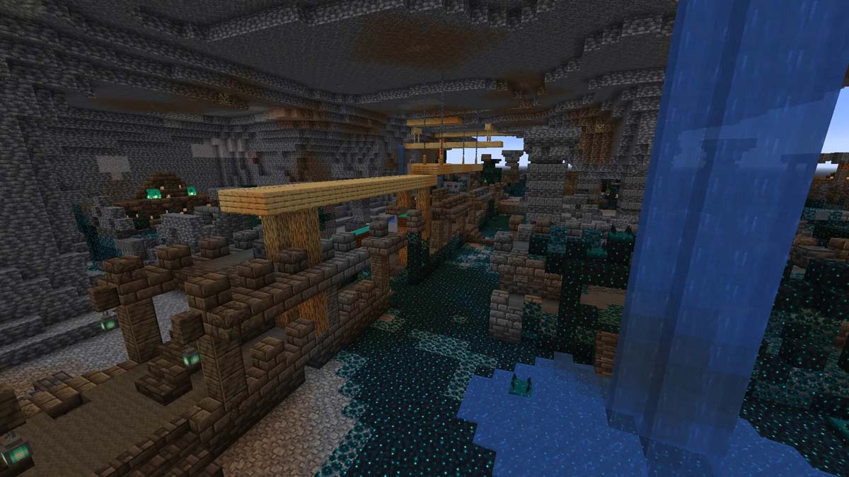 cave leads into mineshaft, which leads into ancient city in Minecraft