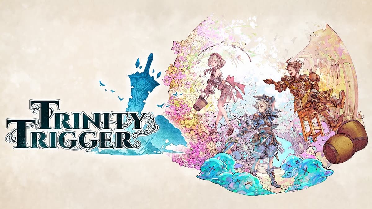 three colorful characters next to trinity trigger logo