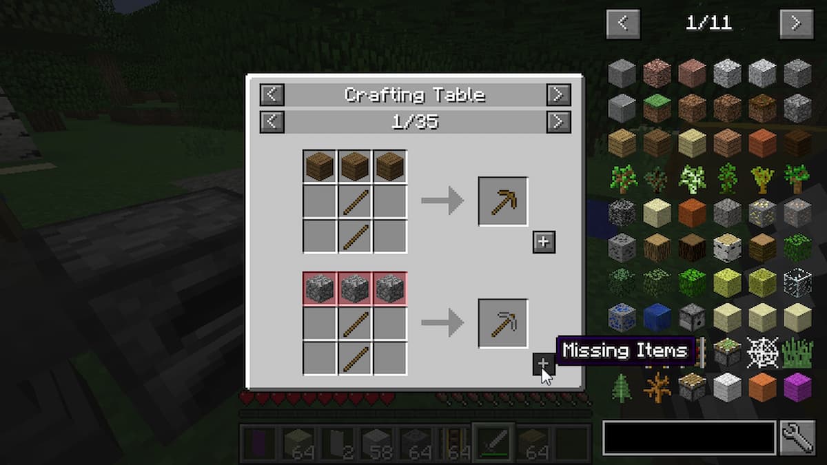 pickaxe recipe in the crafting bench