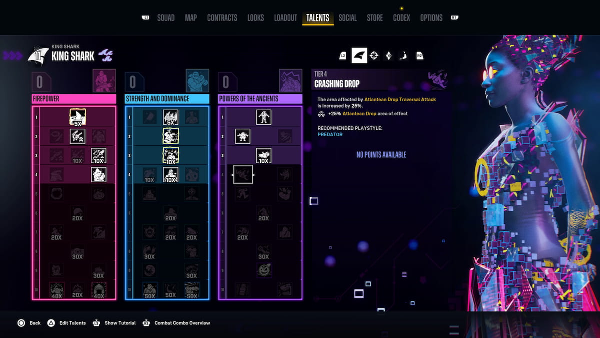 a holographic person in psychedelic stands next to the suicide squad kill the justice league skill tree