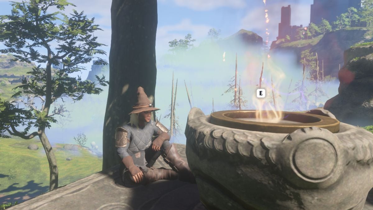 Character sitting by a flame altar in enshrouded.