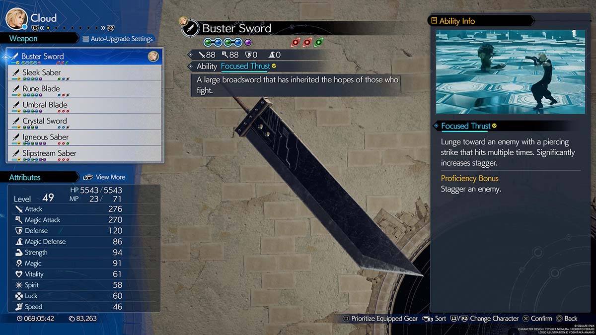 A weapon menu screen in Final Fantasy VII: Rebirth