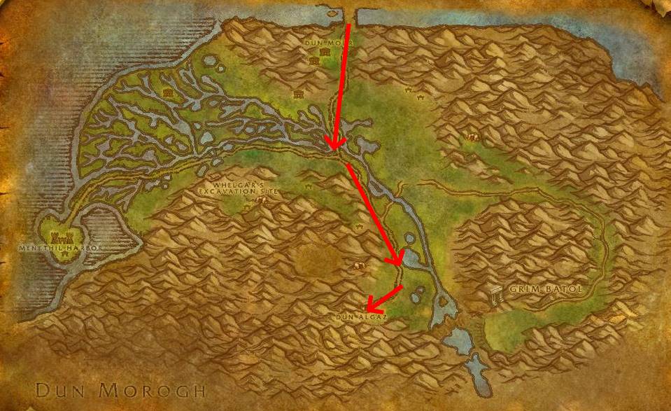 A map of the Wetlands in WoW Sod showing how Horde can get to Loch Modan