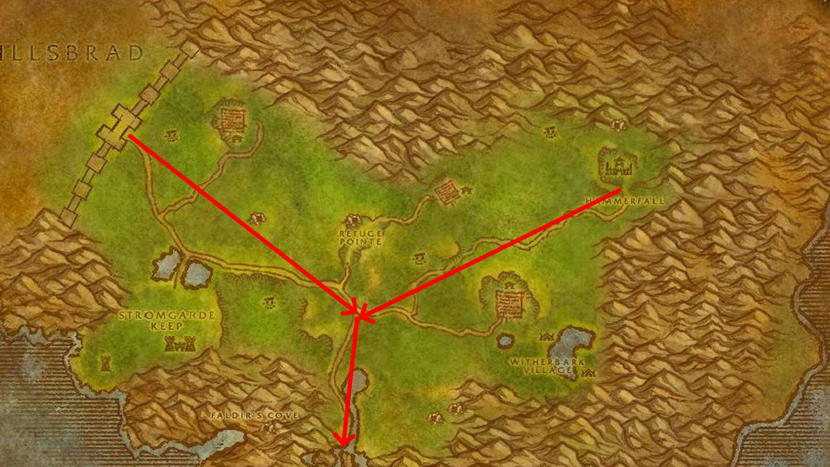 A map of Arathi Highlands in WoW Sod showing Horde how to get to Wetlands