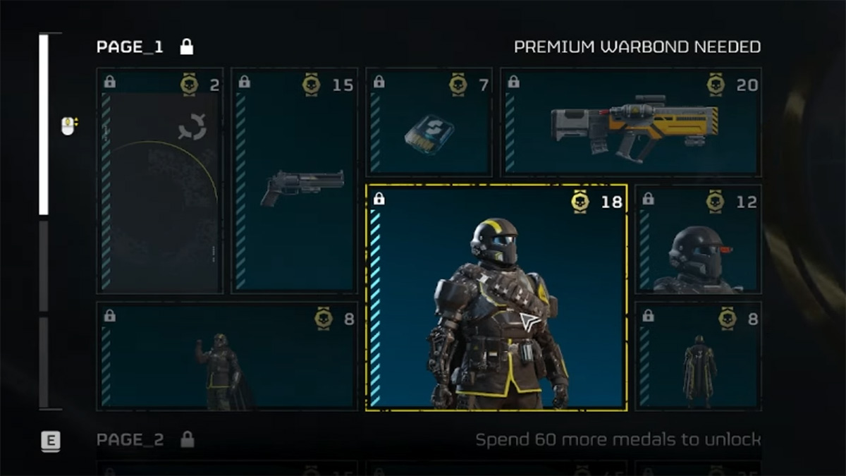 the premium warbond menu in helldivers 2 displaying various gear like weapons, armor, and grenades