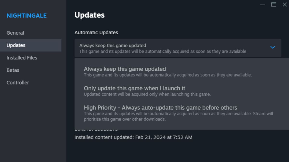How to update game in steam for Nightingale.