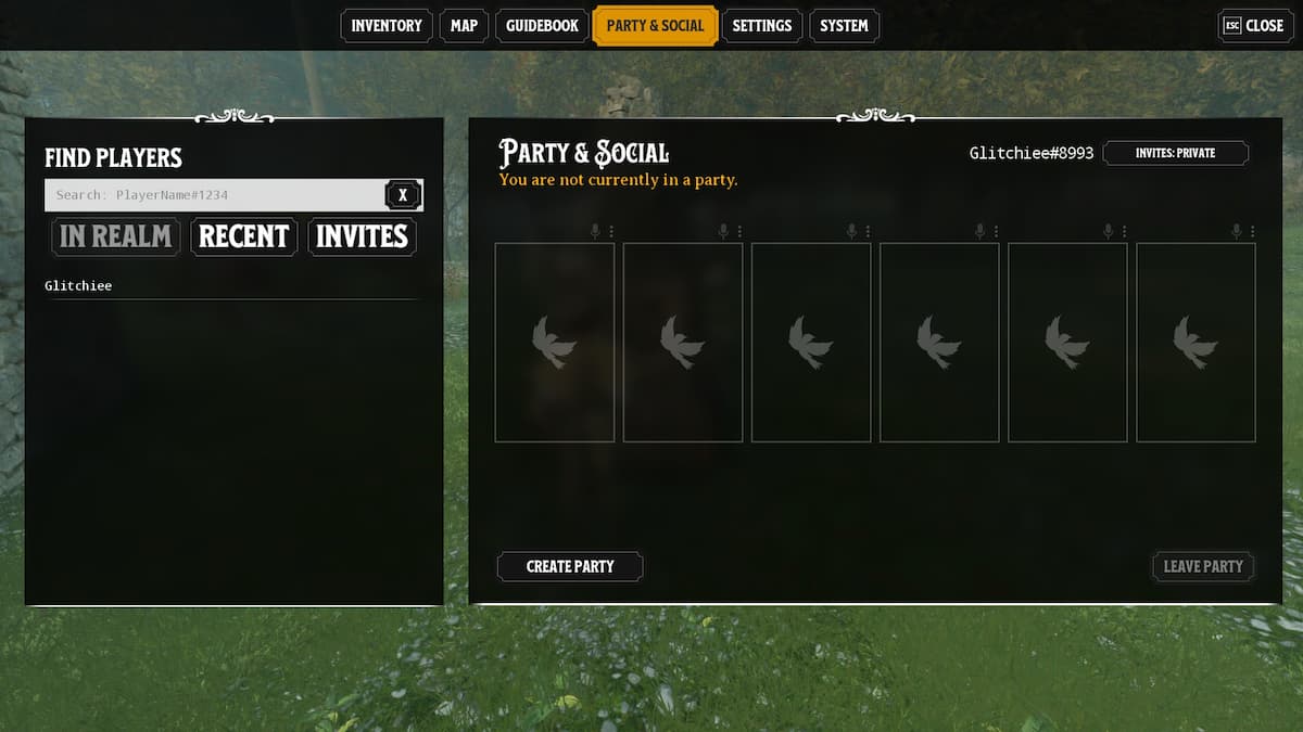 Party and Social menu to group up.