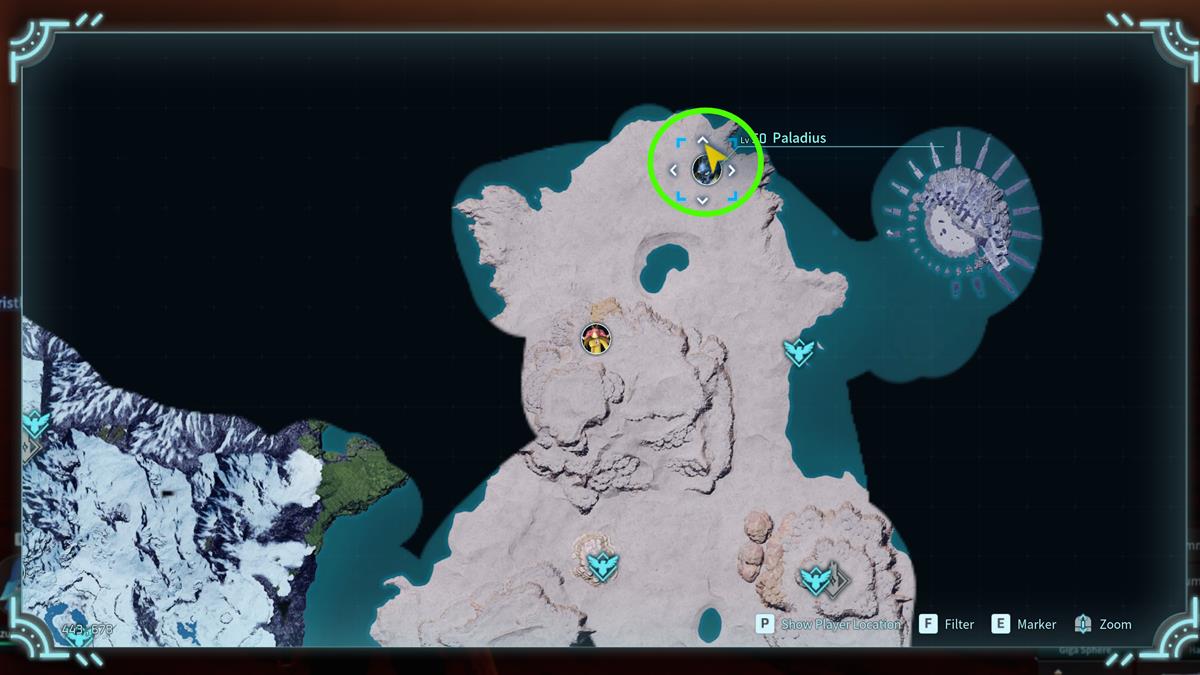 Overhead view of the Palworld map with a circle of Paladius' location