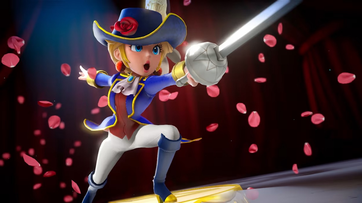 Princess Peach dressed with a sword and ready to fence