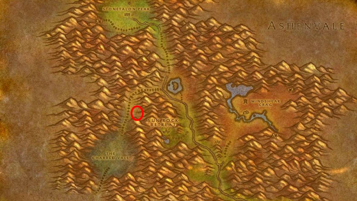 A map of stonetalon mountain with the location of the stepping stone quest circled in wow sod