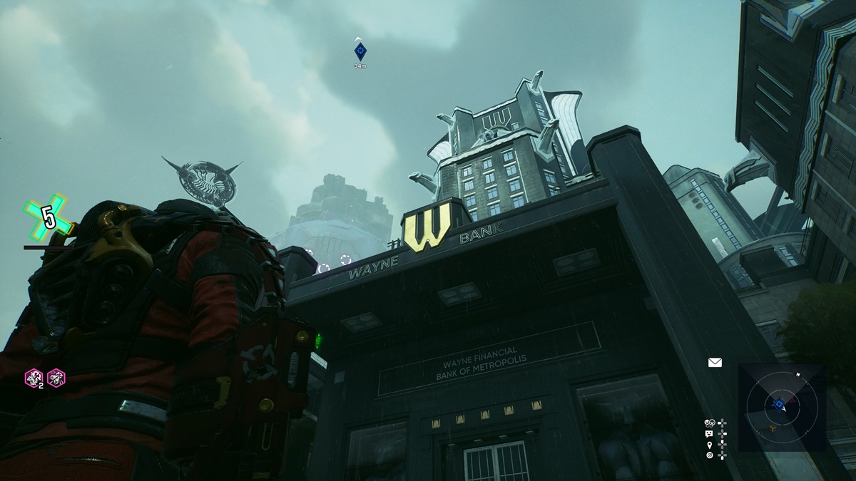 Deadshot in red armor facing the black and gold wayne bank.