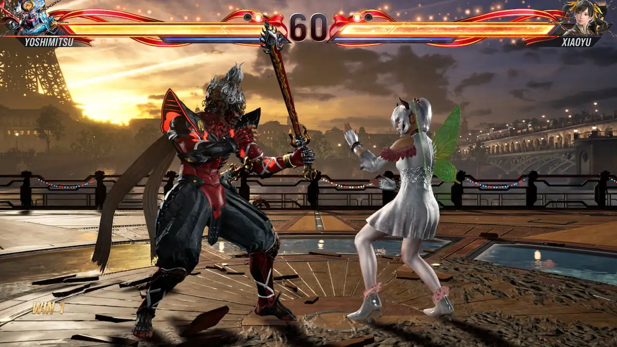 Yoshimitsu and Xiaoyu fighting each other with custom costumes.