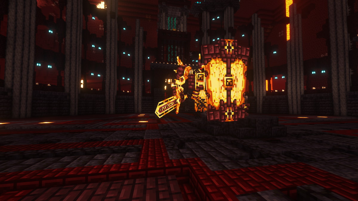 A large boss holding a flaming shield and sword from the L_Ender's Cataclysm mod.