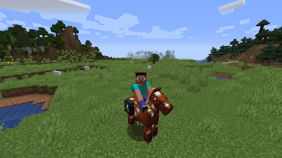 A Minecraft player with an Elder Chest equipped to their horse.