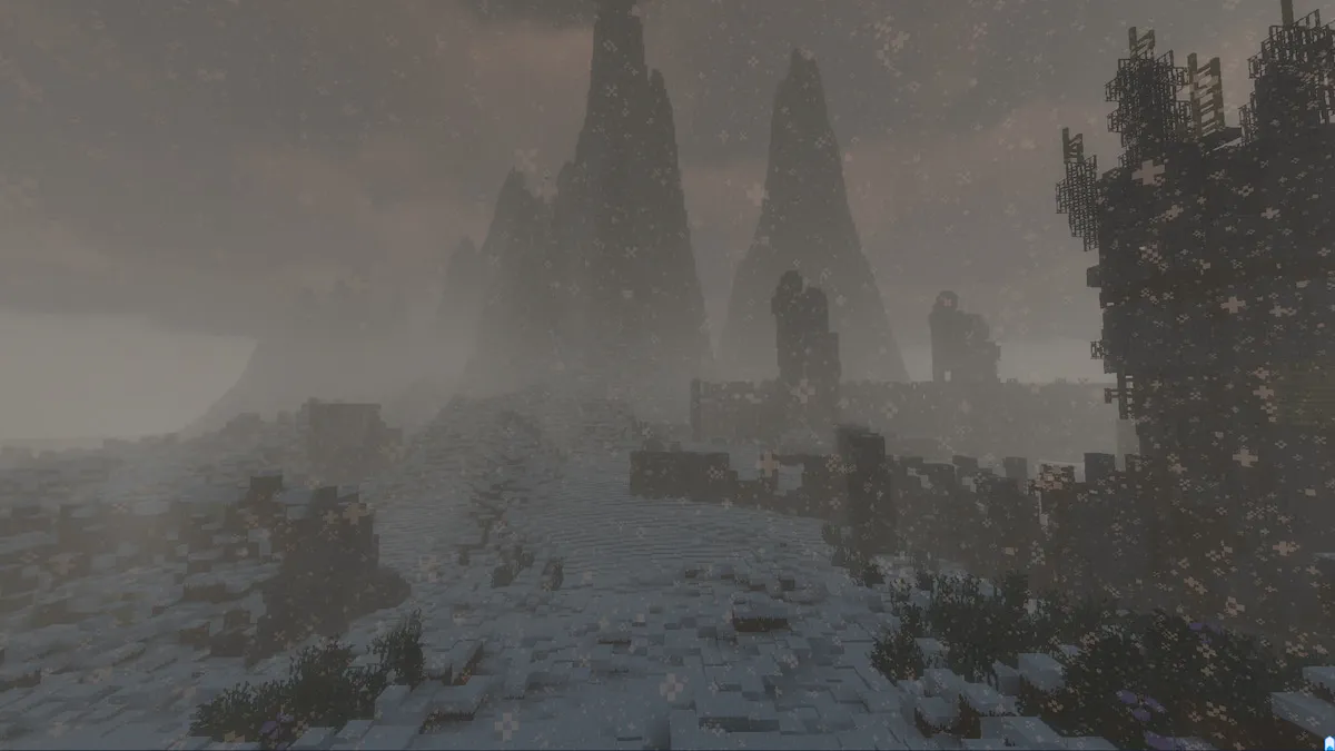 A snowy biome in The Winter Frontier Minecraft mod.