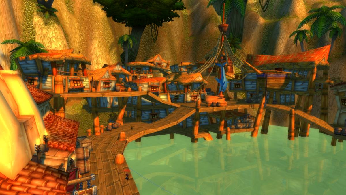 The tavern and hanging shark in Booty Bay in WoW Classic