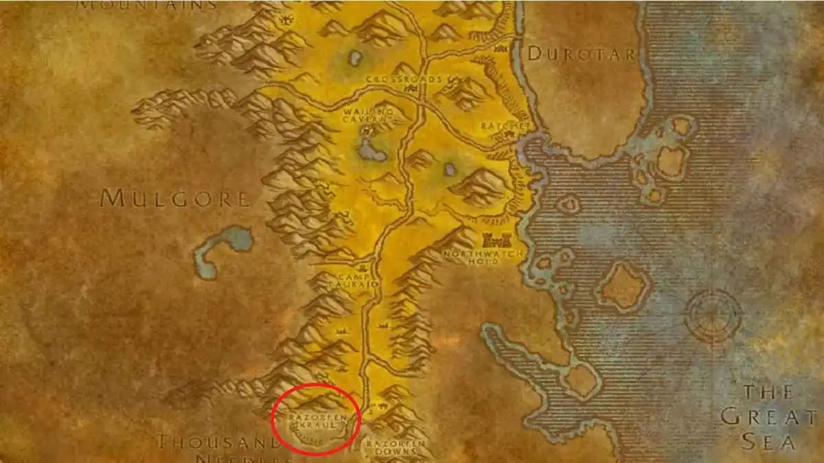 Razorfen Kraul location circled on the Barrens map