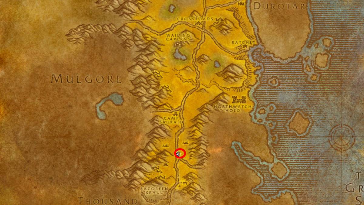 A map of the barrens with the charred out remains location circled in WoW SoD