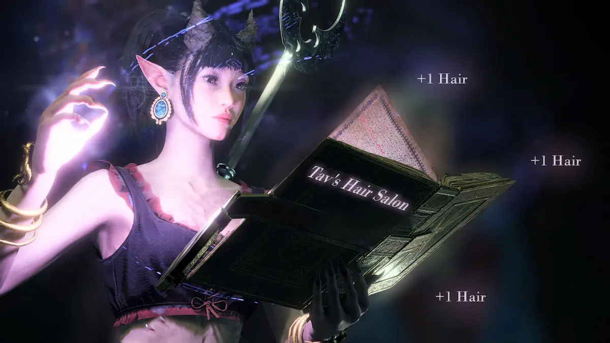 Tav reading a hair tome in Hair Salon BG3 mod