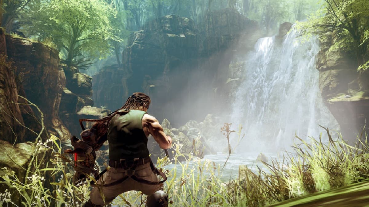 Spencer facing a waterfall in Bionic Commando