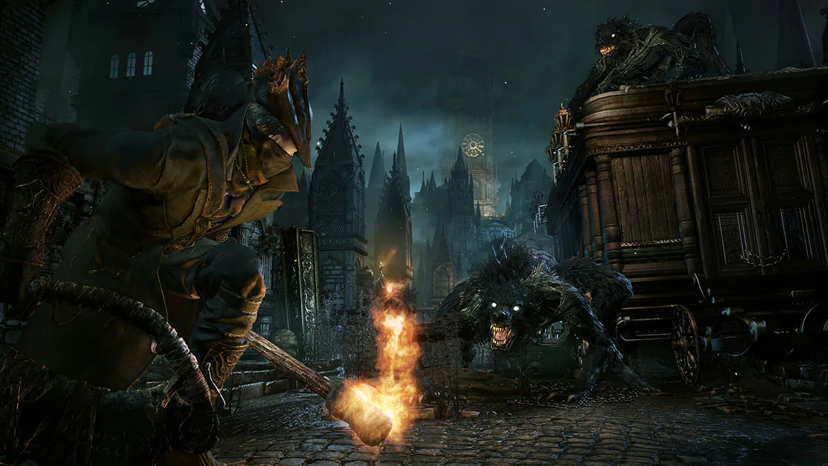 A hunter fighting a werewolf in Bloodborne