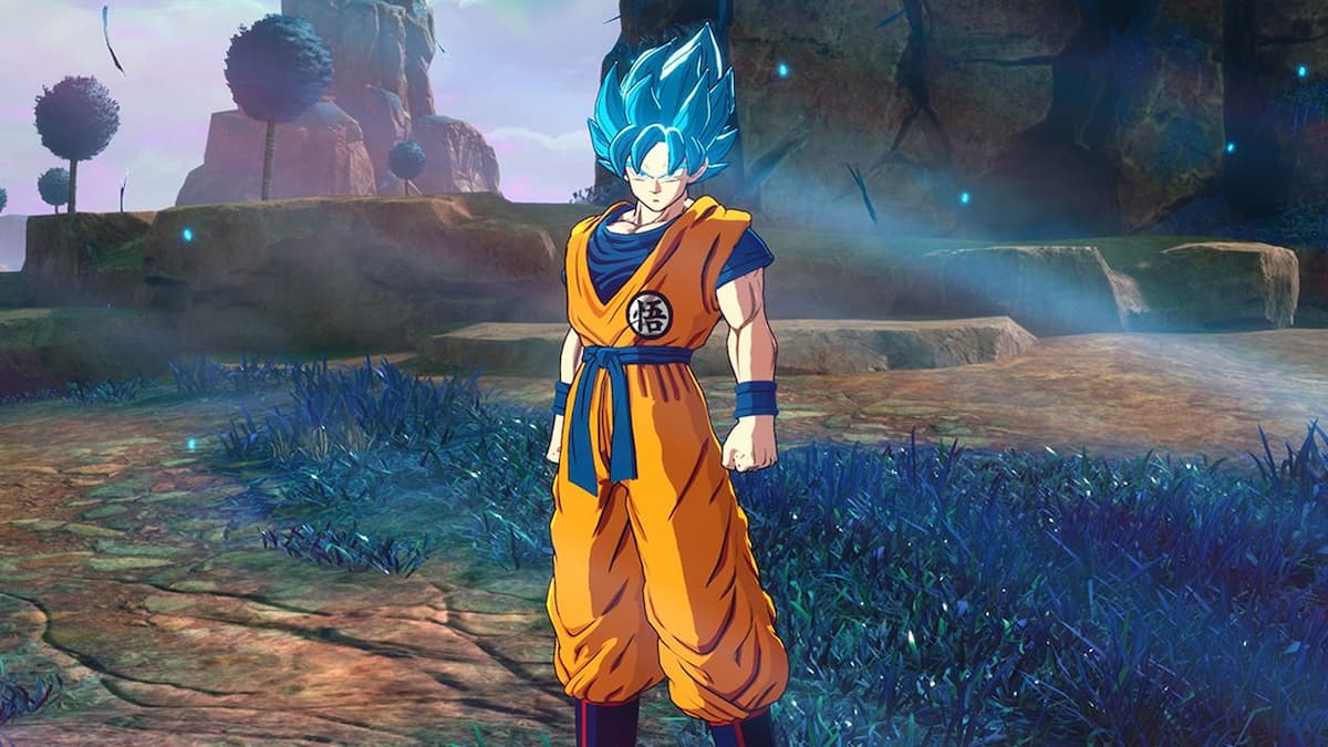 Goku in Super Saiyan God form standing in a field