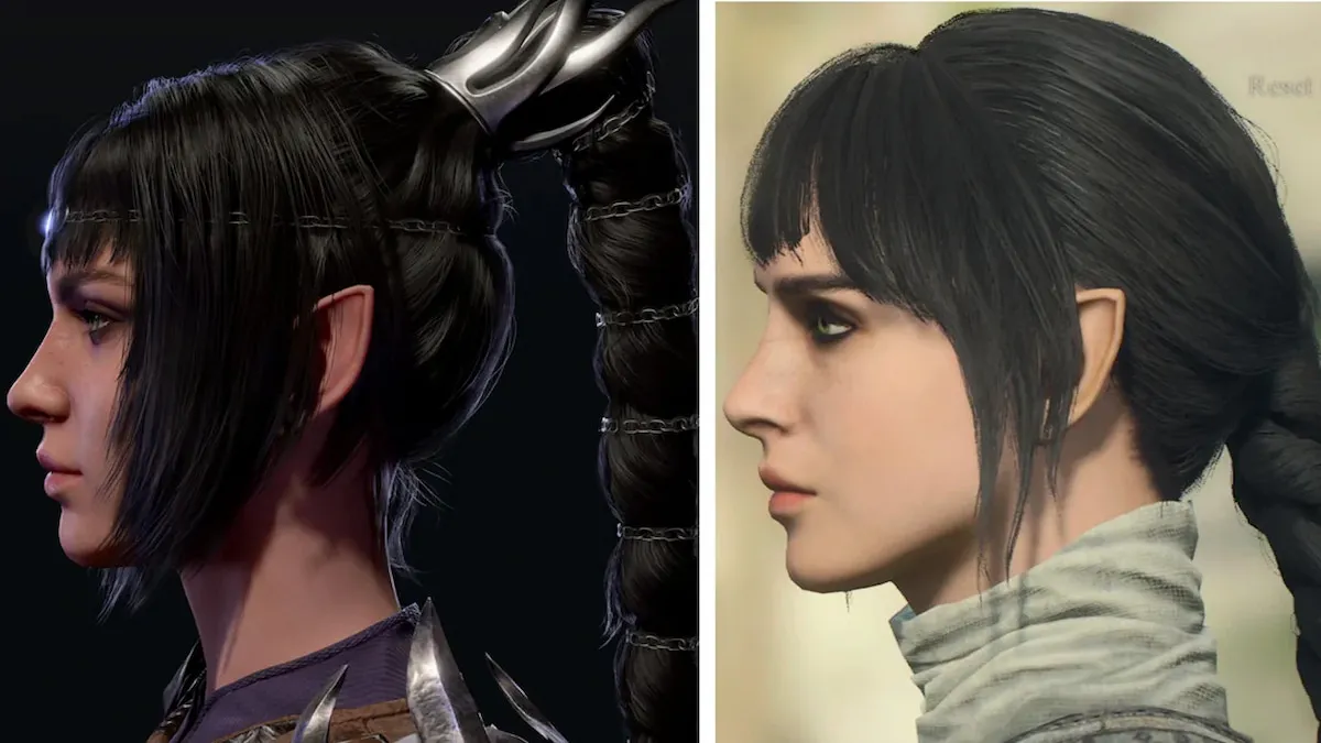 Side by side view of Shadowheart from Baldur's Gate 3. Left is from BG3 and right is a resemblence, having dark black hair with bangs and braid and similar face structure