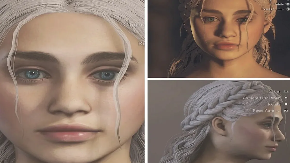 Three different views of a character resembling Daenerys from Game of Thrones, white blonde hair braided back, doe-like blue eyes