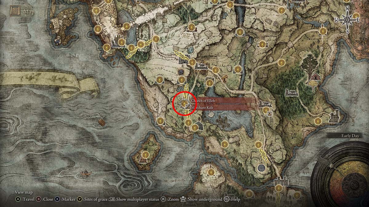 The map location of Merchant Kale in Elden Ring