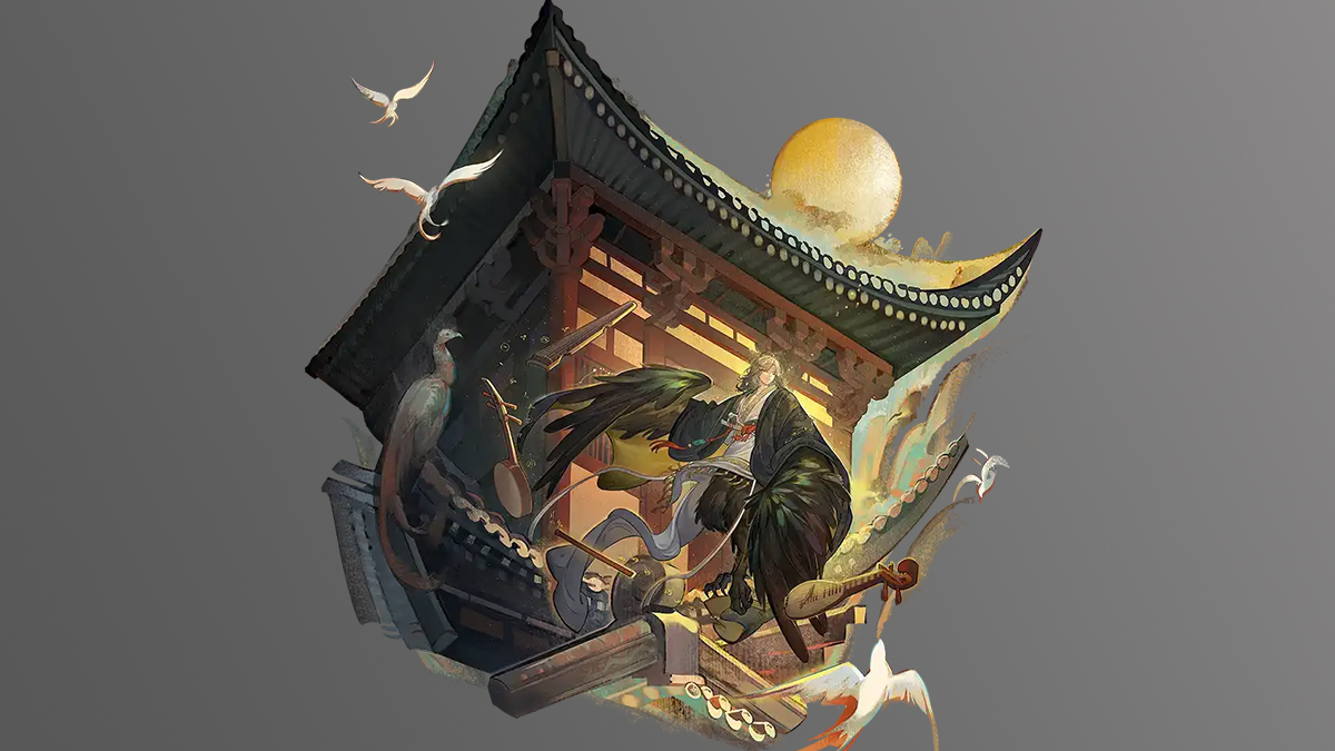 Getian flying around a wooden temple