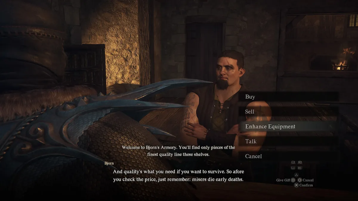 a broadchested blacksmith in dragon's dogma 2 talking to the arisen