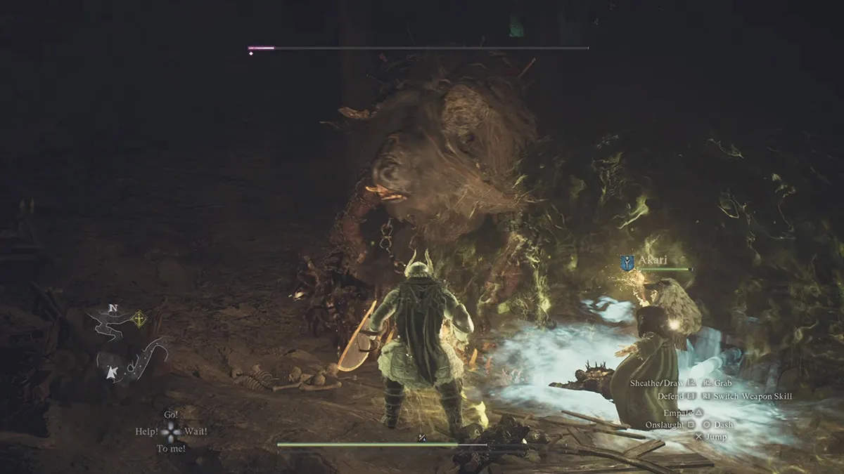 dragons dogma 2 minotaur facing the arisen in a dark cave