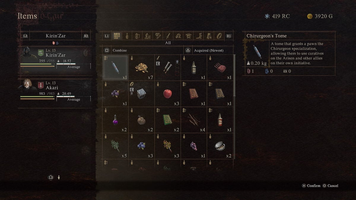 dragon's dogma 2 inventory screen showing the chirurgeon specialization tome