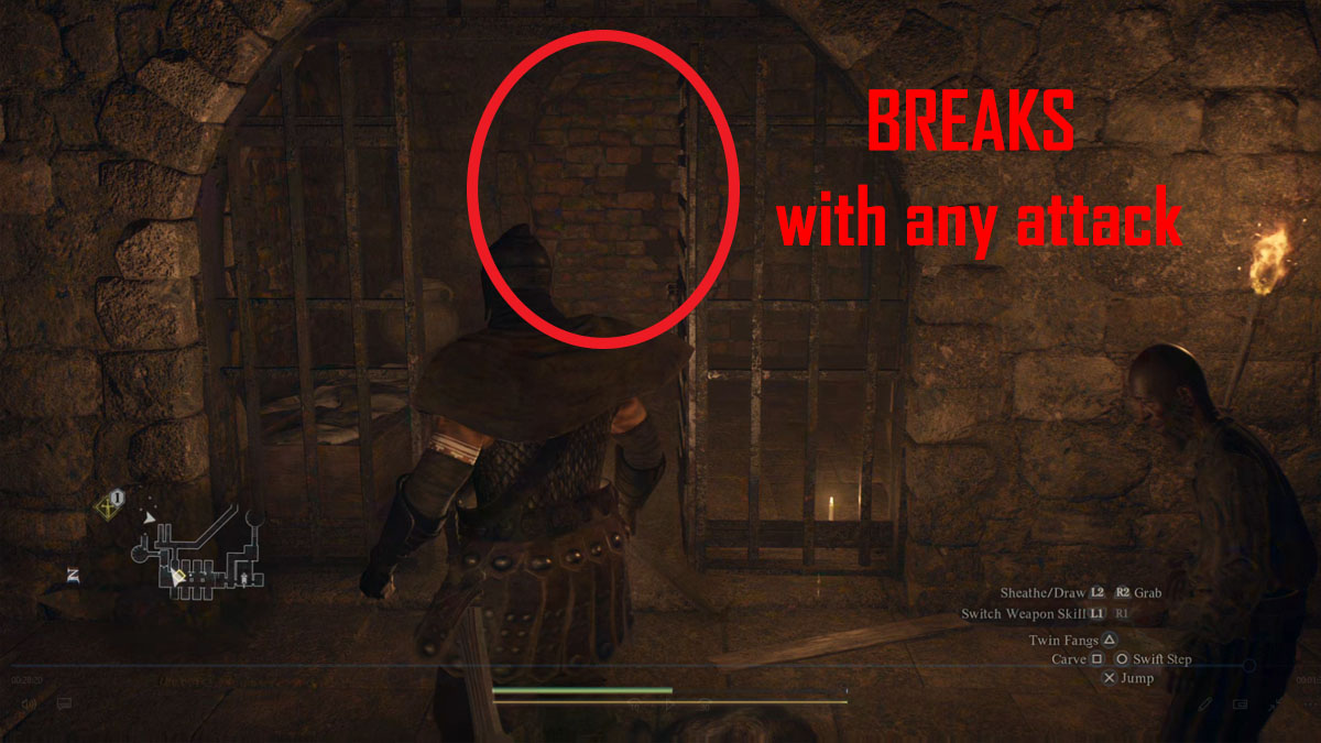 dragons dogma 2 player in prison standing in front of an open cell with a broken wall inside