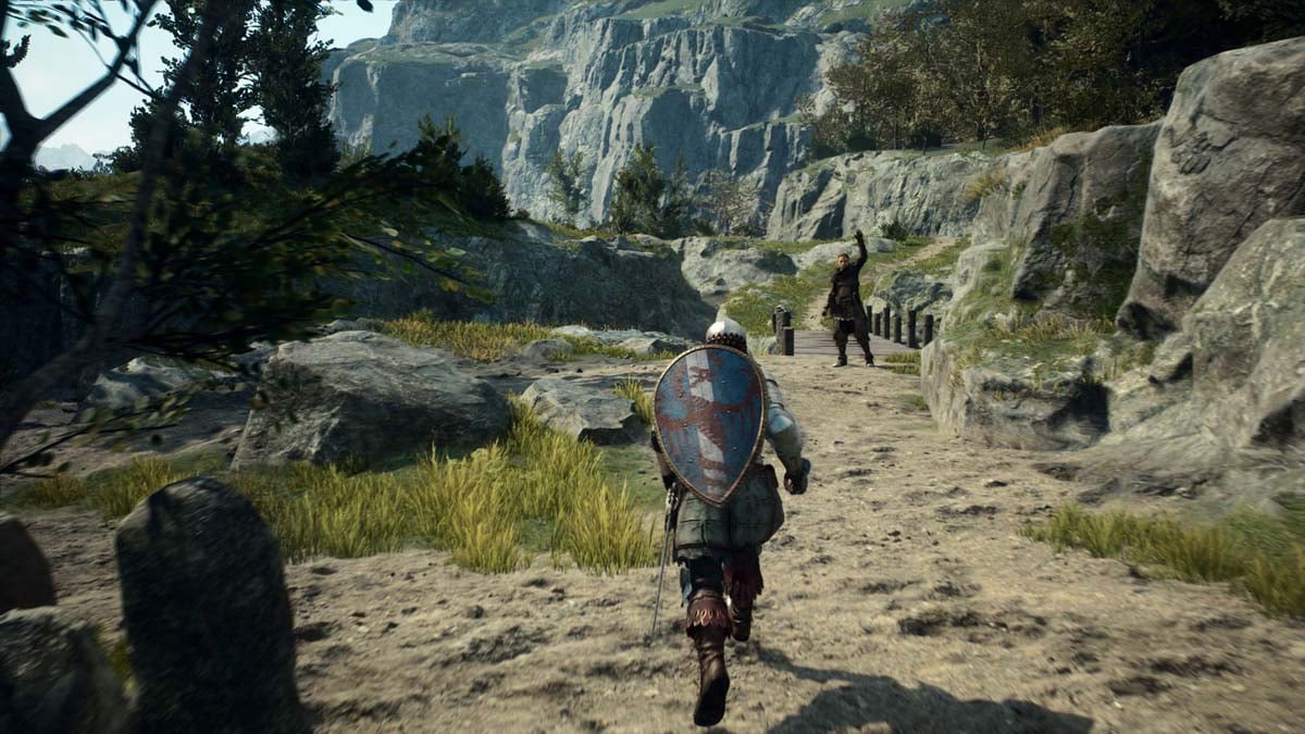 Shielded character runs towards the NPC in Dragon's Dogma 2