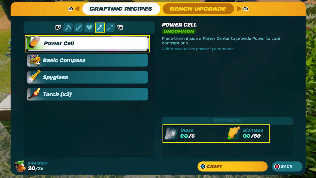 Crafting Bench menu with Power Cell highlighted under Equipment tab, resources required shown on the bottom right