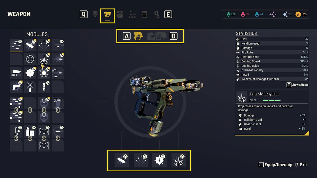 the weapons screen in Outcast A New Beginning where you can equip different modules. The equipped modules have a yellow border around them at the bottom of the screen.