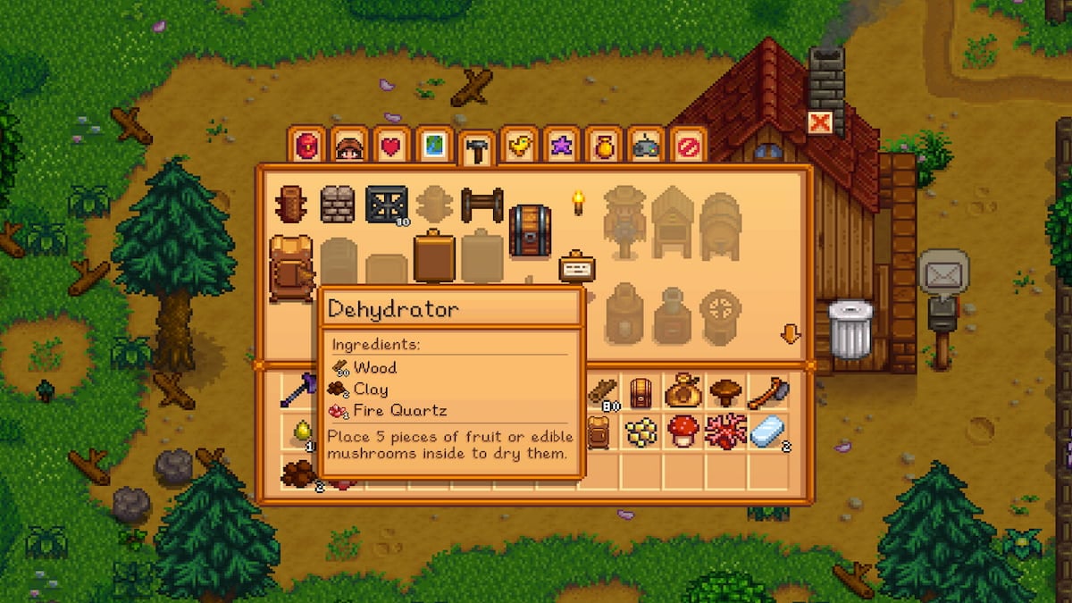 Crafting menu with Dehydrator selected and required ingredients shown under it