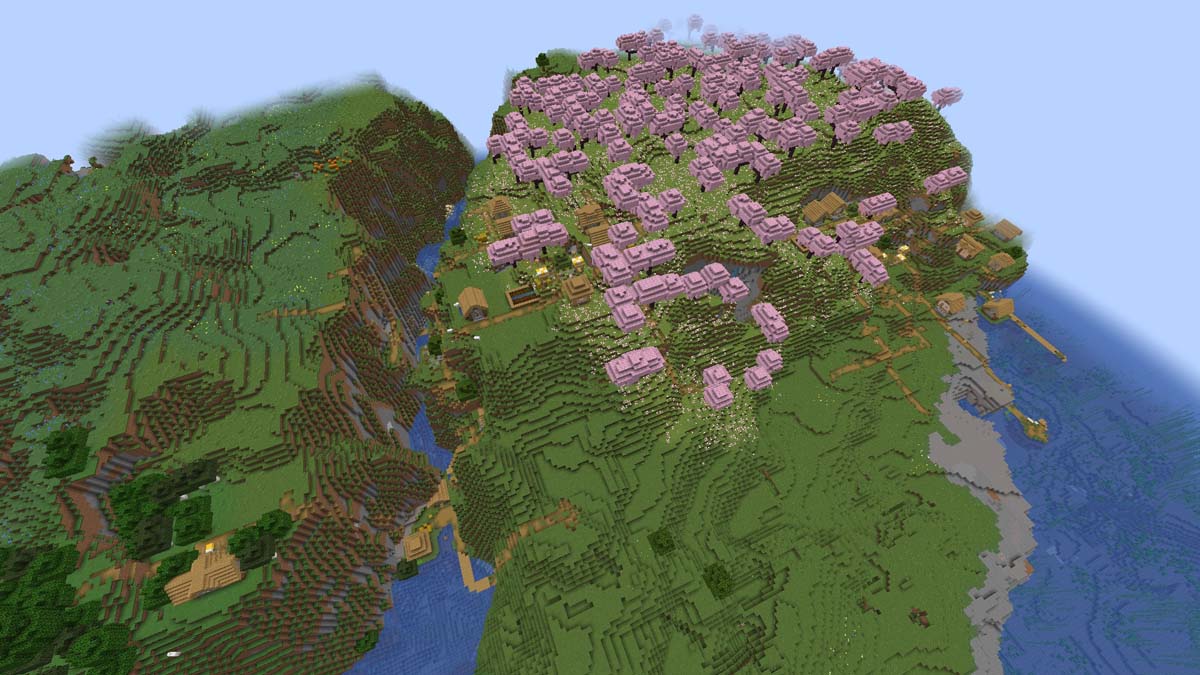 Massive cherry grove village on the river in Minecraft