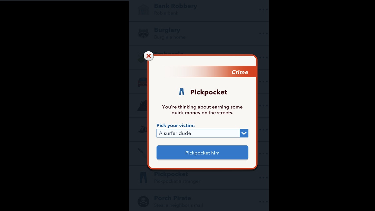 BitLife Pickpocket menu