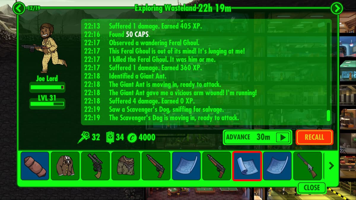 Rare weapon plan circled in exploring Dweller inventory.