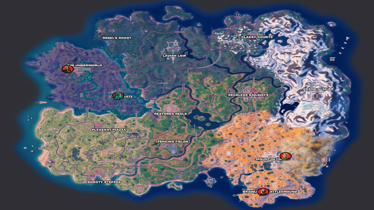 Fortnite Chapter 5 Season 2 map with icons of all the god boss locations