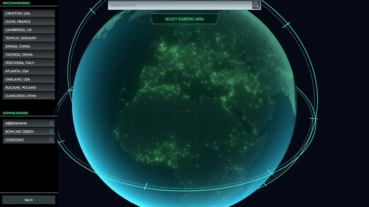 A map of the planet featuring the names of many cities on the left side as suggested starting locations.