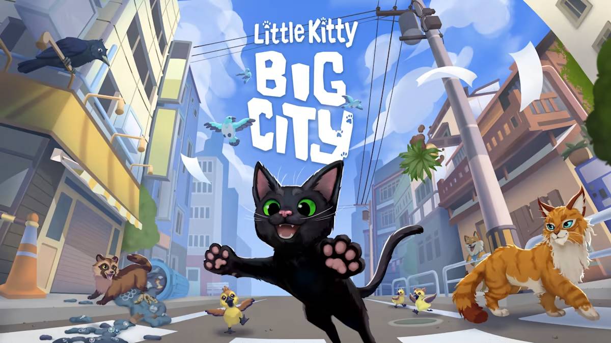 Black cat leaps down the city streets in Little Kitty Big City