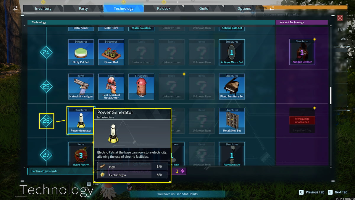 Palworld technology tab, technology 26, power generator selected