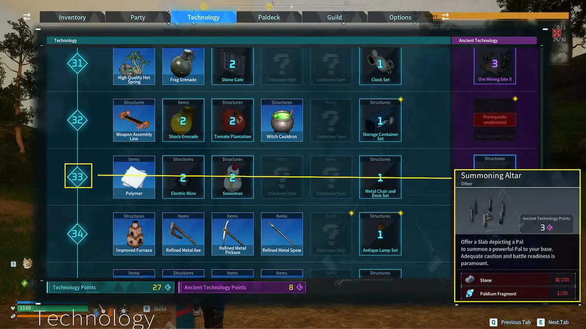 Technology menu with summoning altar selected in technology 33